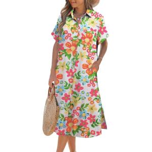 imageZeagoo Women Dresses Summer Casual Short Sleeve Button Down Shirt Dresses 2025 Beach Cover Up with PocketsWatercolor Flower Print
