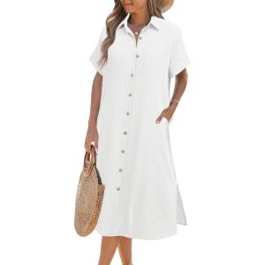 imageZeagoo Women Dresses Summer Casual Short Sleeve Button Down Shirt Dresses 2025 Beach Cover Up with PocketsWhite