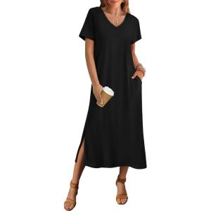 imageZeagoo Women Summer Floral Dress Short Sleeve Beach Dress with Pockets Casual VNeck Split Long TShirt Dress Travel VacationBlack