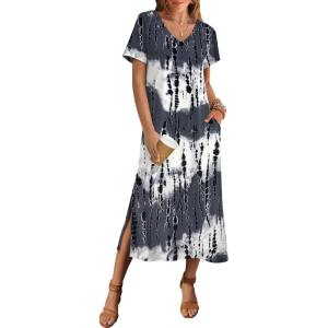 imageZeagoo Women Summer Floral Dress Short Sleeve Beach Dress with Pockets Casual VNeck Split Long TShirt Dress Travel VacationStripe Tie Dye 2