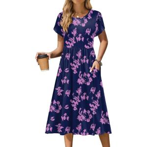 imageZeagoo Women Summer Short Sleeve Midi Dress with Pockets Casual Aline Flowy Tshirt Dress Floral Vocation Beach SundressBlack Purpleprinted