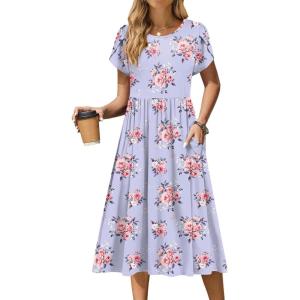 imageZeagoo Women Summer Short Sleeve Midi Dress with Pockets Casual Aline Flowy Tshirt Dress Floral Vocation Beach SundressPurple Floral