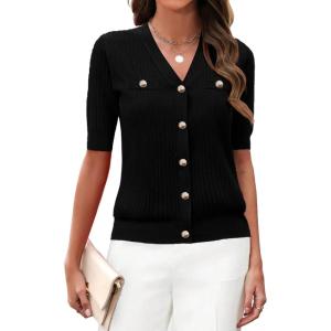 imageZeagoo Womens 2025 Summer Short Sleeve Cardigan V Neck Button Down Ribbed Knit Casual Cropped Sweater TopsBlack