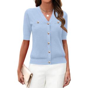 imageZeagoo Womens 2025 Summer Short Sleeve Cardigan V Neck Button Down Ribbed Knit Casual Cropped Sweater TopsBlue