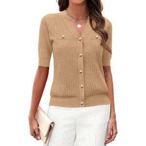 imageZeagoo Womens 2025 Summer Short Sleeve Cardigan V Neck Button Down Ribbed Knit Casual Cropped Sweater TopsBrown