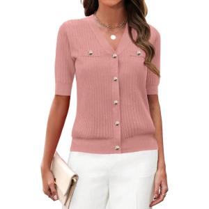 imageZeagoo Womens 2025 Summer Short Sleeve Cardigan V Neck Button Down Ribbed Knit Casual Cropped Sweater TopsPink