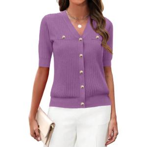 imageZeagoo Womens 2025 Summer Short Sleeve Cardigan V Neck Button Down Ribbed Knit Casual Cropped Sweater TopsPurple