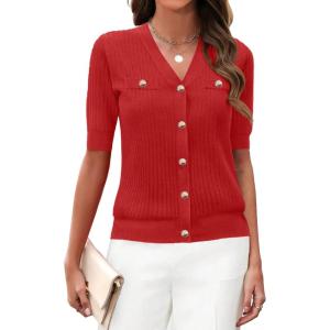 imageZeagoo Womens 2025 Summer Short Sleeve Cardigan V Neck Button Down Ribbed Knit Casual Cropped Sweater TopsRed