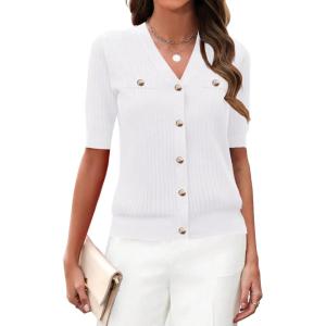 imageZeagoo Womens 2025 Summer Short Sleeve Cardigan V Neck Button Down Ribbed Knit Casual Cropped Sweater TopsWhite
