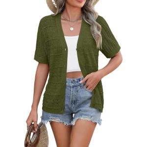 imageZeagoo Womens 2025 Summer Short Sleeve Crochet Cardigan V Neck Cropped Lightweight Button up Bolero Shrug SweaterArmy Green