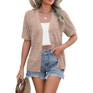 imageZeagoo Womens 2025 Summer Short Sleeve Crochet Cardigan V Neck Cropped Lightweight Button up Bolero Shrug SweaterCamel