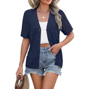 imageZeagoo Womens 2025 Summer Short Sleeve Crochet Cardigan V Neck Cropped Lightweight Button up Bolero Shrug SweaterNavy Blue
