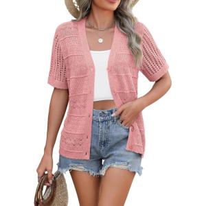 imageZeagoo Womens 2025 Summer Short Sleeve Crochet Cardigan V Neck Cropped Lightweight Button up Bolero Shrug SweaterPink