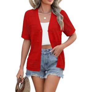 imageZeagoo Womens 2025 Summer Short Sleeve Crochet Cardigan V Neck Cropped Lightweight Button up Bolero Shrug SweaterRed