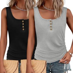 imageZeagoo Womens 2025 Tank Tops 2 Pack U Neck Summer Sleeveless Tops Loose Fit Button Casual Henley ShirtsBlackgrey
