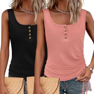 imageZeagoo Womens 2025 Tank Tops 2 Pack U Neck Summer Sleeveless Tops Loose Fit Button Casual Henley ShirtsBlackpink