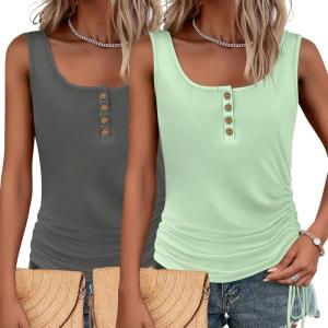 imageZeagoo Womens 2025 Tank Tops 2 Pack U Neck Summer Sleeveless Tops Loose Fit Button Casual Henley ShirtsDark Greylake Green