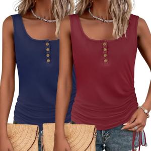 imageZeagoo Womens 2025 Tank Tops 2 Pack U Neck Summer Sleeveless Tops Loose Fit Button Casual Henley ShirtsDeep Navywine Red