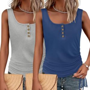imageZeagoo Womens 2025 Tank Tops 2 Pack U Neck Summer Sleeveless Tops Loose Fit Button Casual Henley ShirtsNavygrey