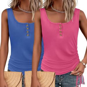 imageZeagoo Womens 2025 Tank Tops 2 Pack U Neck Summer Sleeveless Tops Loose Fit Button Casual Henley ShirtsRoyal Bluerose Red