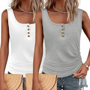 imageZeagoo Womens 2025 Tank Tops 2 Pack U Neck Summer Sleeveless Tops Loose Fit Button Casual Henley ShirtsWhitegrey