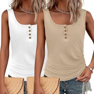 imageZeagoo Womens 2025 Tank Tops 2 Pack U Neck Summer Sleeveless Tops Loose Fit Button Casual Henley ShirtsWhitekhaki