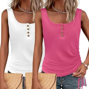 imageZeagoo Womens 2025 Tank Tops 2 Pack U Neck Summer Sleeveless Tops Loose Fit Button Casual Henley ShirtsWhiterose Red