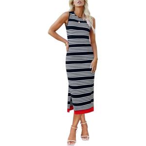 imageZeagoo Womens Bodycon Midi Dresses Summer Casual Sleeveless Dress Women Knit Side Slit Striped 2025 Long Tank DressBlackwhite