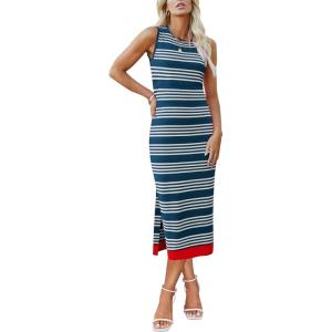 imageZeagoo Womens Bodycon Midi Dresses Summer Casual Sleeveless Dress Women Knit Side Slit Striped 2025 Long Tank DressBluewhite