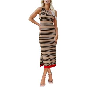 imageZeagoo Womens Bodycon Midi Dresses Summer Casual Sleeveless Dress Women Knit Side Slit Striped 2025 Long Tank DressDark Khakiblack