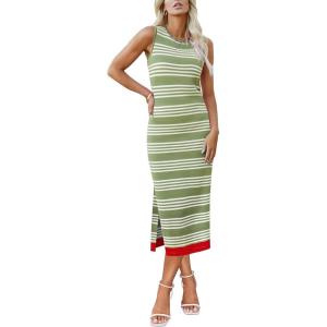 imageZeagoo Womens Bodycon Midi Dresses Summer Casual Sleeveless Dress Women Knit Side Slit Striped 2025 Long Tank DressGreenwhite
