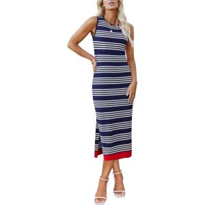 imageZeagoo Womens Bodycon Midi Dresses Summer Casual Sleeveless Dress Women Knit Side Slit Striped 2025 Long Tank DressNavy Bluewhite