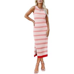 imageZeagoo Womens Bodycon Midi Dresses Summer Casual Sleeveless Dress Women Knit Side Slit Striped 2025 Long Tank DressPinkwhite
