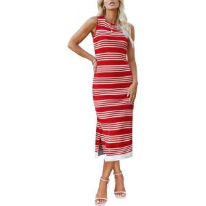 imageZeagoo Womens Bodycon Midi Dresses Summer Casual Sleeveless Dress Women Knit Side Slit Striped 2025 Long Tank DressRedwhite