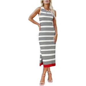 imageZeagoo Womens Bodycon Midi Dresses Summer Casual Sleeveless Dress Women Knit Side Slit Striped 2025 Long Tank DressWhiteblack