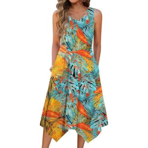 imageZeagoo Womens Casual Dress for Summer Tank Dress Loose Flowy Beach Dress with Pockets Hankerchief Flare Midi Sundress 2025Blue Orange Leaf