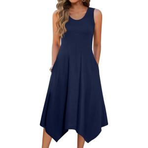 imageZeagoo Womens Casual Dress for Summer Tank Dress Loose Flowy Beach Dress with Pockets Hankerchief Flare Midi Sundress 2025Solid Navy