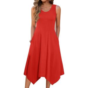 imageZeagoo Womens Casual Dress for Summer Tank Dress Loose Flowy Beach Dress with Pockets Hankerchief Flare Midi Sundress 2025Solid Red