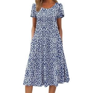 imageZeagoo Womens Casual Dresses for Summer Short Sleeve Flare Midi Dress Loose Flowy Beach SundressBlue Leaf