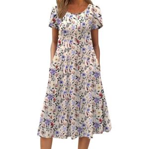 imageZeagoo Womens Casual Dresses for Summer Short Sleeve Flare Midi Dress Loose Flowy Beach SundressIvory Floral 01