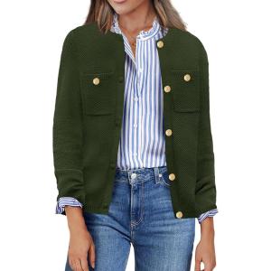 imageZeagoo Womens Knit Cardigan Sweaters Button Down Shirts Long Sleeve Crew Neck Ribbed Knit Blouse Open Front Work TopsArmy Green