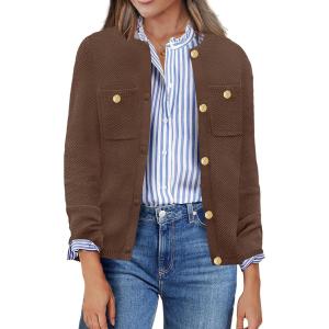 imageZeagoo Womens Knit Cardigan Sweaters Button Down Shirts Long Sleeve Crew Neck Ribbed Knit Blouse Open Front Work TopsBrown