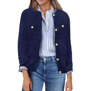 imageZeagoo Womens Knit Cardigan Sweaters Button Down Shirts Long Sleeve Crew Neck Ribbed Knit Blouse Open Front Work TopsDark Blue