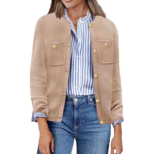 imageZeagoo Womens Knit Cardigan Sweaters Button Down Shirts Long Sleeve Crew Neck Ribbed Knit Blouse Open Front Work TopsKhaki