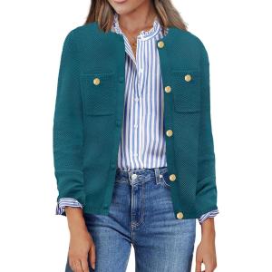 imageZeagoo Womens Knit Cardigan Sweaters Button Down Shirts Long Sleeve Crew Neck Ribbed Knit Blouse Open Front Work TopsPeacock Blue