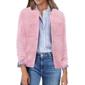 imageZeagoo Womens Knit Cardigan Sweaters Button Down Shirts Long Sleeve Crew Neck Ribbed Knit Blouse Open Front Work TopsPink