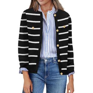 imageZeagoo Womens Knit Cardigan Sweaters Button Down Shirts Long Sleeve Crew Neck Ribbed Knit Blouse Open Front Work TopsStriped 102