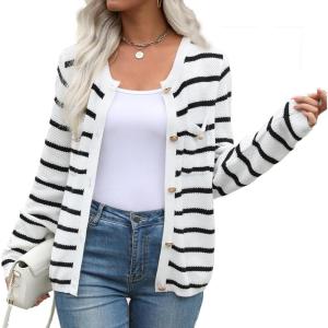imageZeagoo Womens Knit Cardigan Sweaters Button Down Shirts Long Sleeve Crew Neck Ribbed Knit Blouse Open Front Work TopsStriped 516
