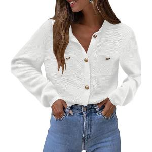 imageZeagoo Womens Knit Cardigan Sweaters Button Down Shirts Long Sleeve Crew Neck Ribbed Knit Blouse Open Front Work TopsWhite