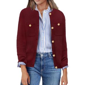 imageZeagoo Womens Knit Cardigan Sweaters Button Down Shirts Long Sleeve Crew Neck Ribbed Knit Blouse Open Front Work TopsWine Red